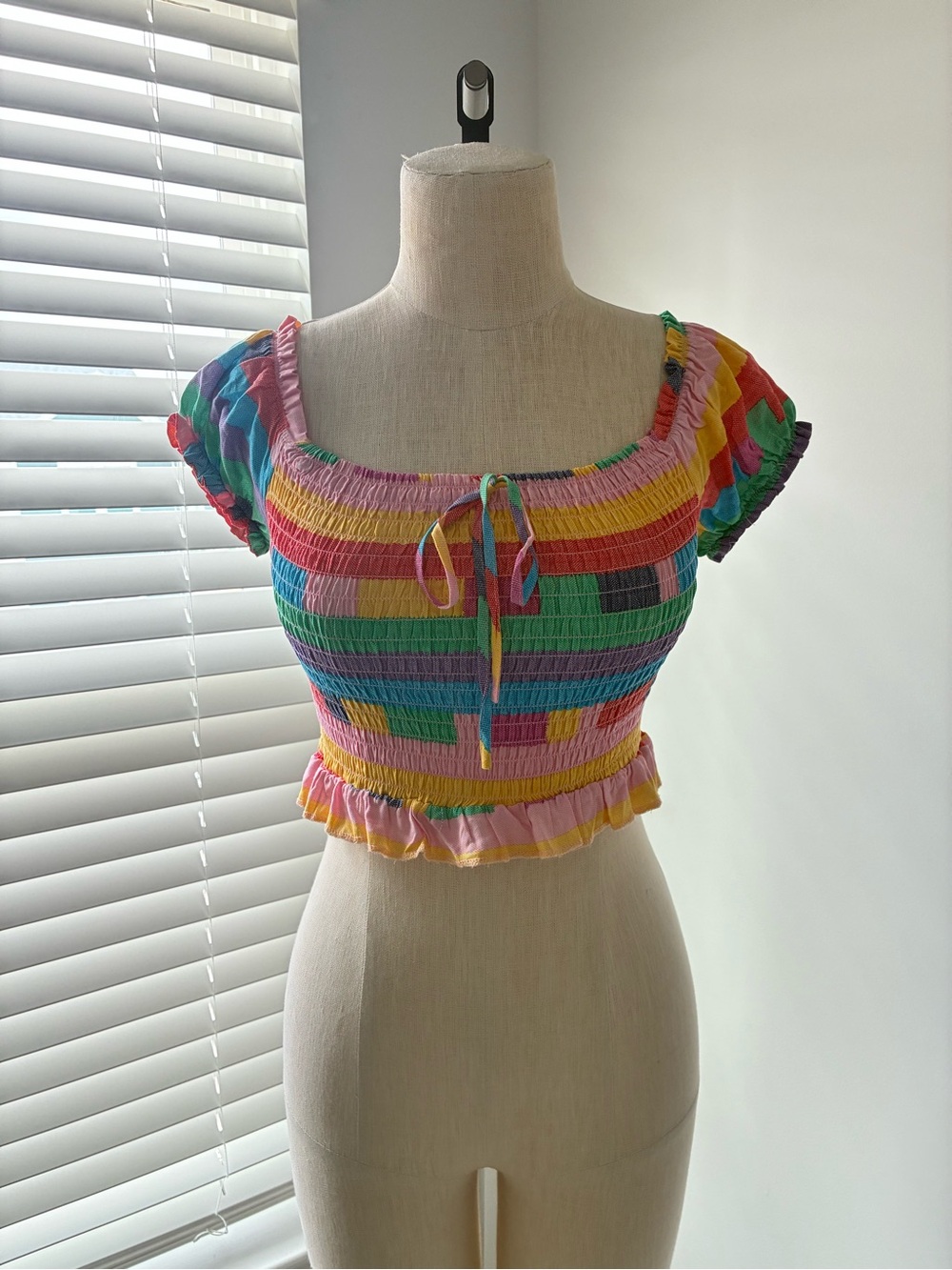 BCBGeneration Women's Colorful Smocked Ruffle Cropped Blouse